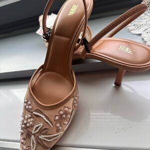 Zara Women's Beige Embellished Heels